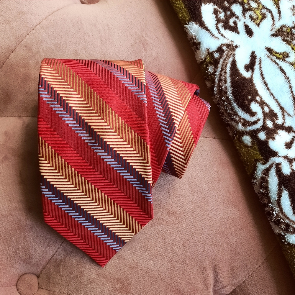 100% Silk Tie - BCBG Attitude - Red, Blue, Coral, Tan Diagonal Stripes